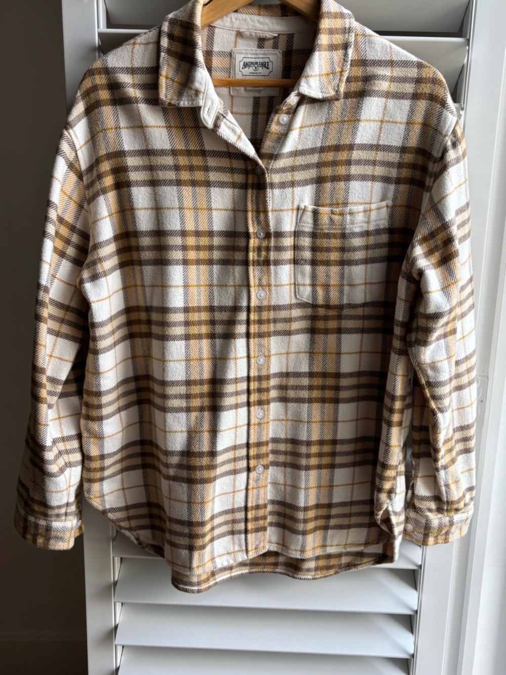 American Eagle Plaid Button-Up Shirt Jacket in Yellow, Cream & Brown